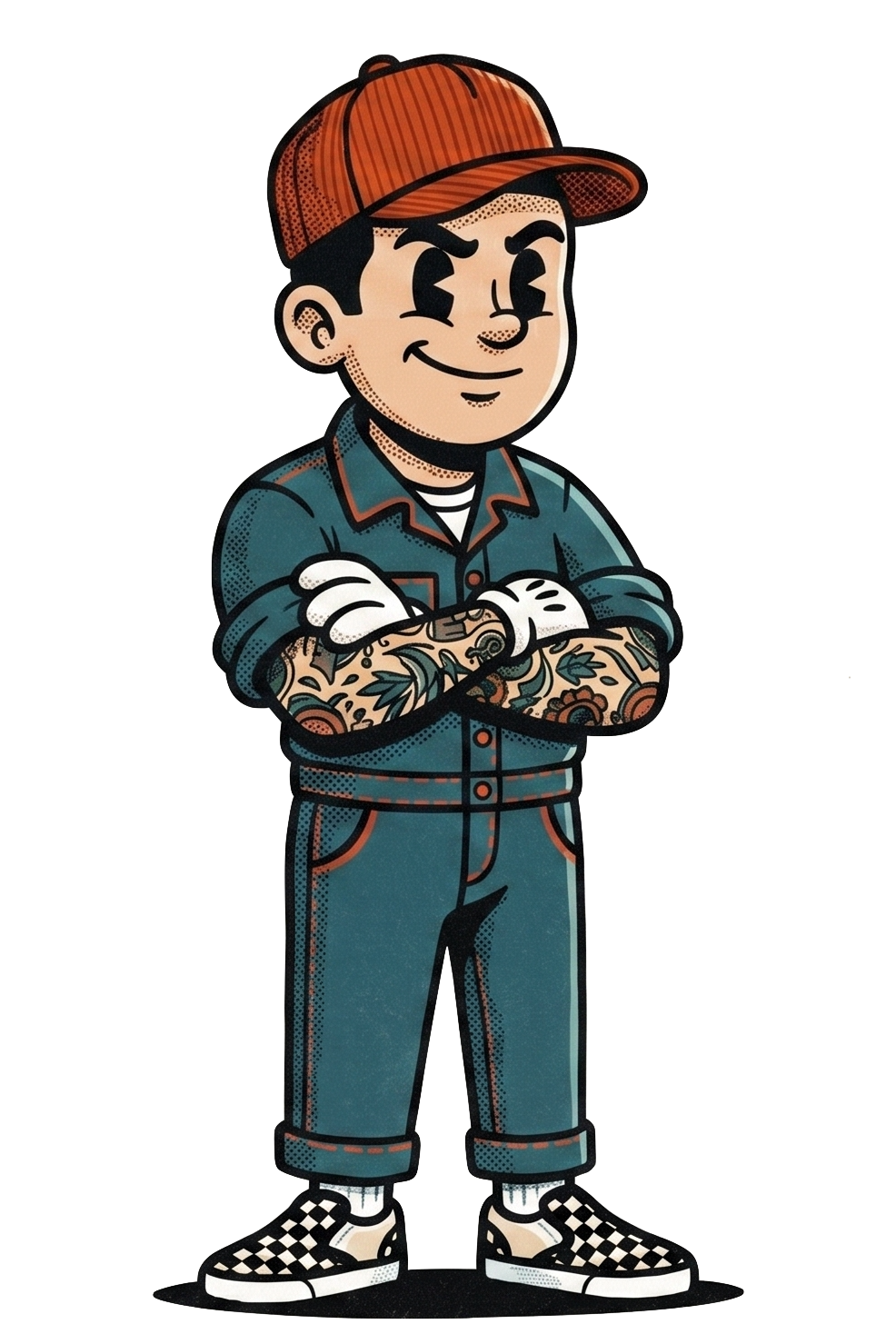 Vandal mascot — tattooed cool guy in teal coveralls and orange cap