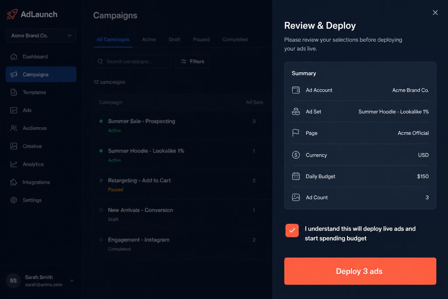 Vandal one-click deploy drawer with confirm gate