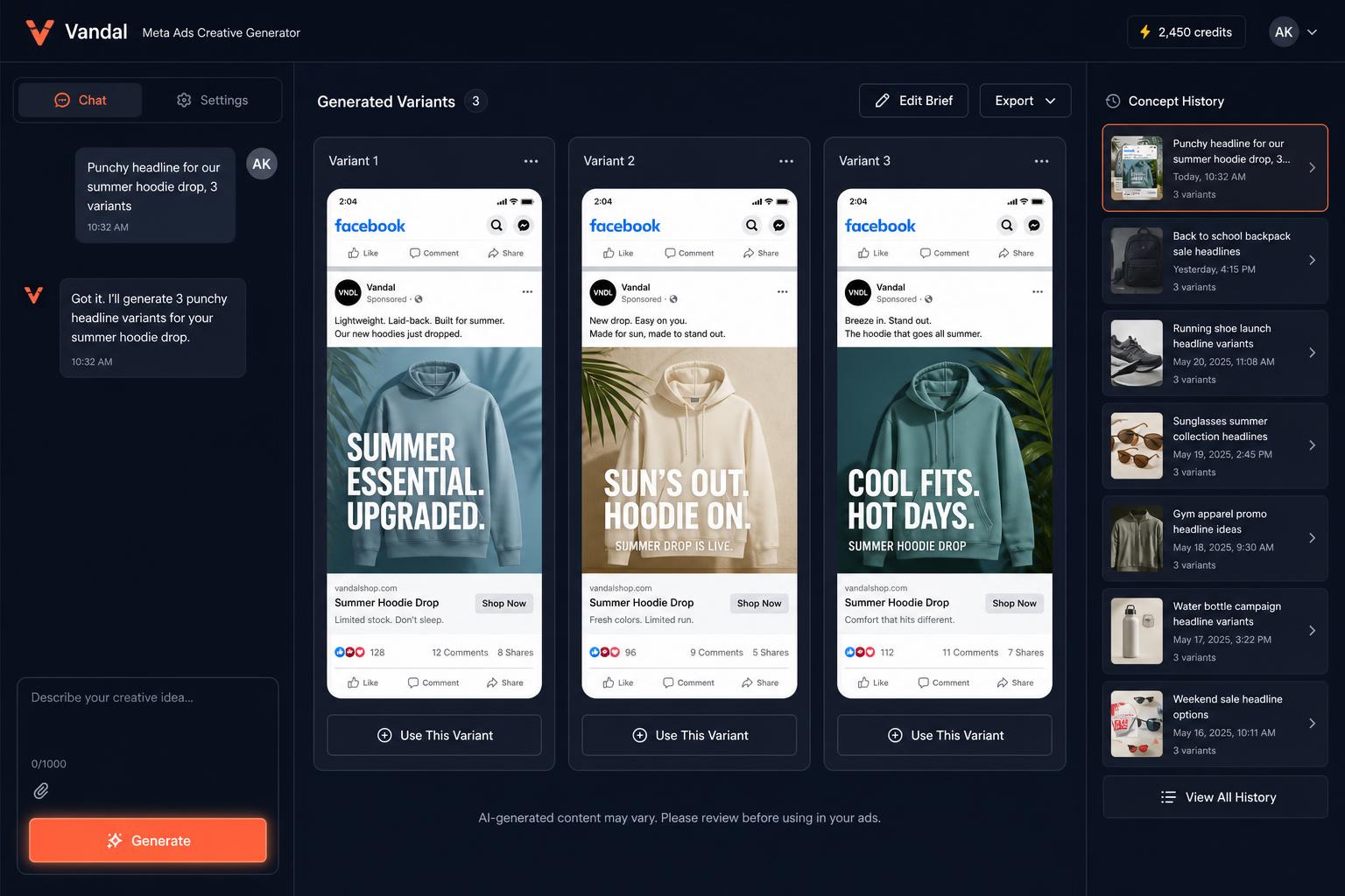 Vandal workspace generating ad variants